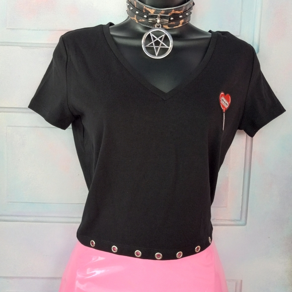 SOLD ❣️Dbl cherry accent patch black crop top! So kawaii cute! Ooak!! - Picture 6 of 6
